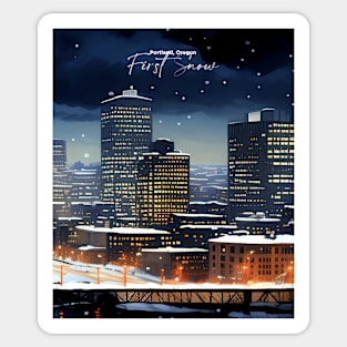 Portland Oregon First Snow: First Snow Scene in Downtown Portland, Oregon on a Dark Background Sticker